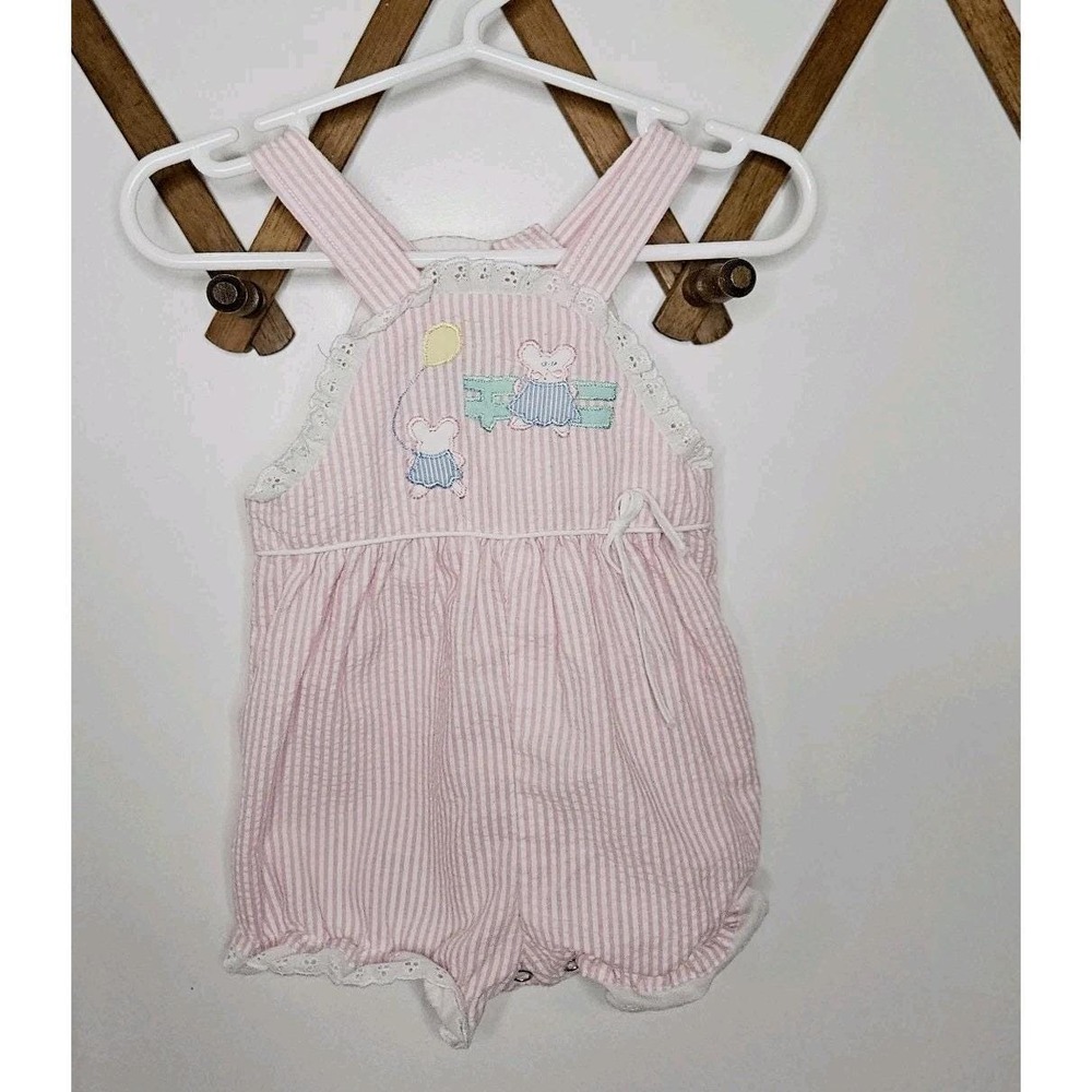 VTG Baby Girl Bubble Romper 6-9 Months Seersucker Pink White Mouse Eyelet Lace